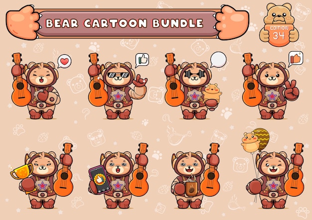 bundle or pack of cute bear illustration in spacesuit holding acoustic guitar and other things