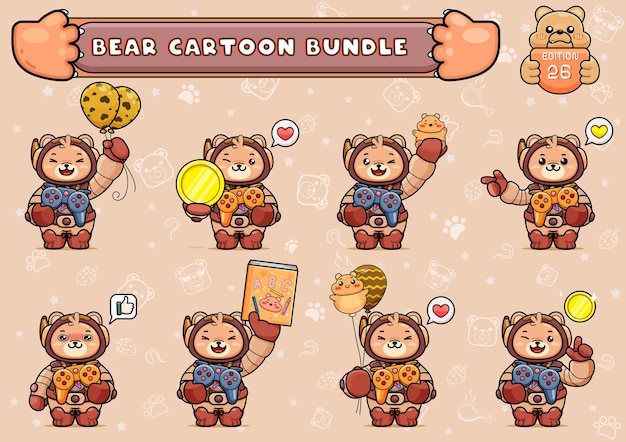 bundle or pack of cute bear illustration in spacesuit holding a game controller and other things