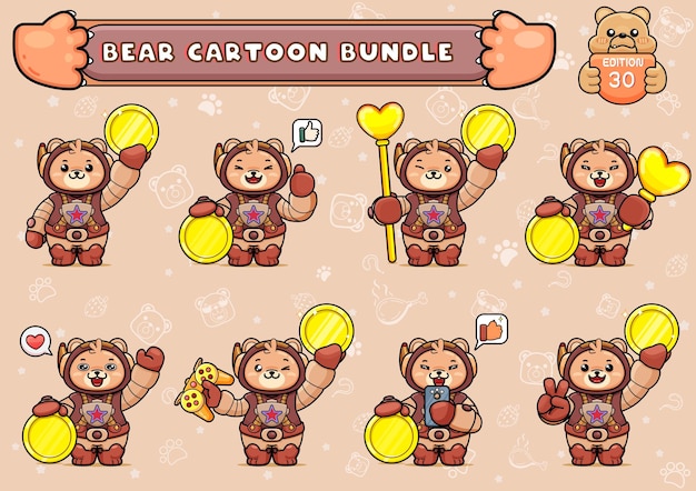 bundle or pack of cute bear illustration in spacesuit holding a huge gold coin and other things