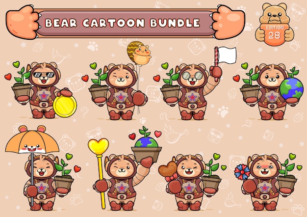 bundle or pack of cute bear illustration in spacesuit holding potted plant and other things