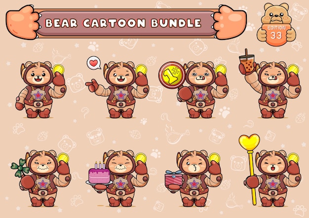 bundle or pack of cute bear illustration in spacesuit holding a tiny gold coin and other things