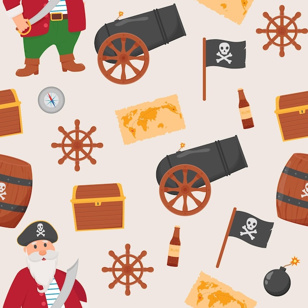 Bundle pirate seamless pattern Bundle pirate treasure map rum ship wheel anchor barrel bomb