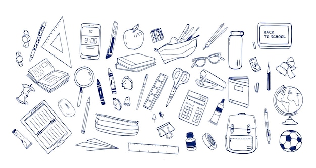 Bundle of school supplies or stationery hand drawn with contour lines on white background. Set of drawings of accessories for lessons, items for education. Monochrome realistic vector illustration.