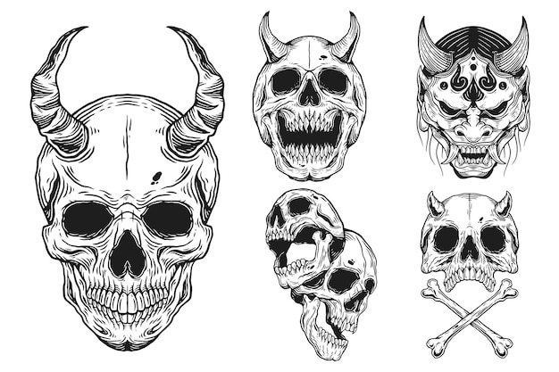 Bundle Set Skull Dark illustration Mask Devil Demon Skull Bones Head Hand drawn Hatching Outline Symbol Tattoo Merchandise Tshirt Merch vintage