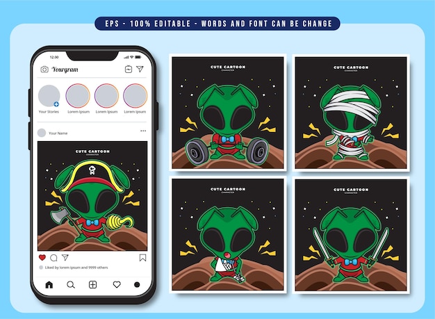 Bundle set social media post template of alien cute cartoon character