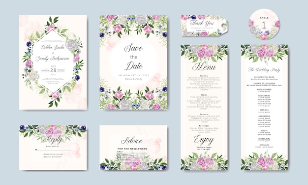 bundle and set of wedding invitation in floral template