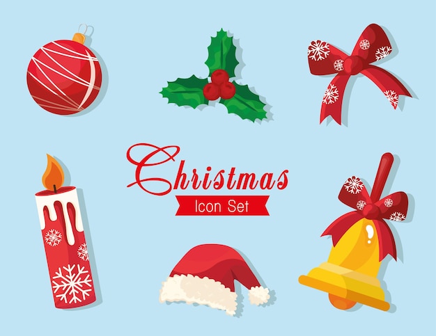 Bundle of six happy merry christmas icons and lettering