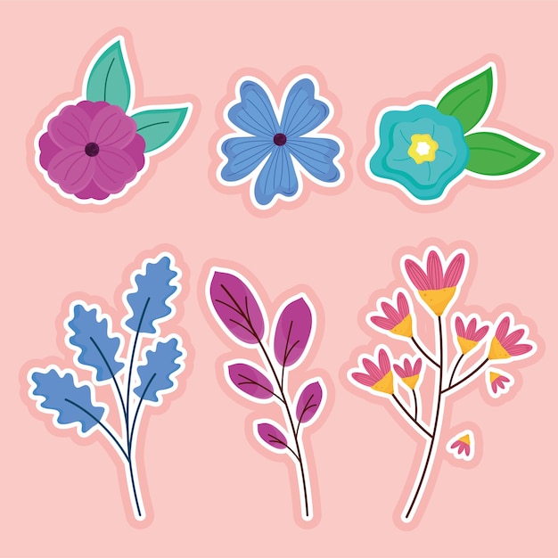 Bundle of six spring flowers and leafs  illustration 