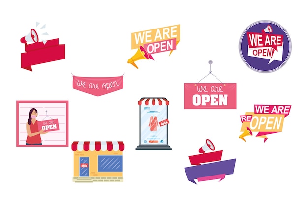 Bundle of ten reopening labels campaign set icons  illustration 