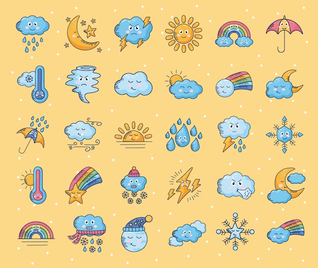 Bundle of thirty kawaii weather comic characters illustration design