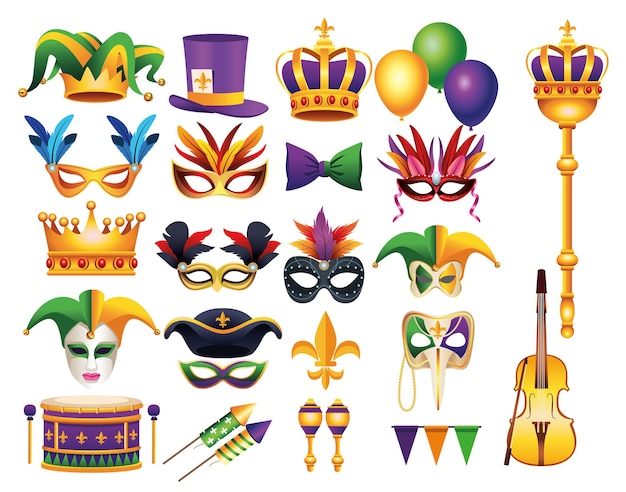 Bundle of twenty two mardi gras carnival celebration set icons  illustration 