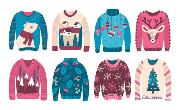 Vector bundle of ugly christmas sweaters or jumpers isolated on white background. collection of odd or strange seasonal woolen clothes with holiday prints and patterns. flat cartoon vector illustration.