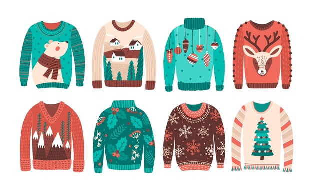 Vector bundle of ugly christmas sweaters or jumpers isolated on white background. set of seasonal knitted warm winter clothing with weird prints. colorful vector illustration in flat cartoon style.