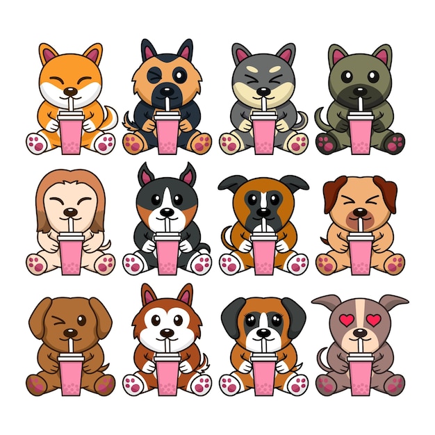 Bundle vector illustration of cute dogs drinking various kinds of boba