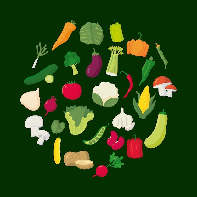 Bundle of vegetables healthy food icons around