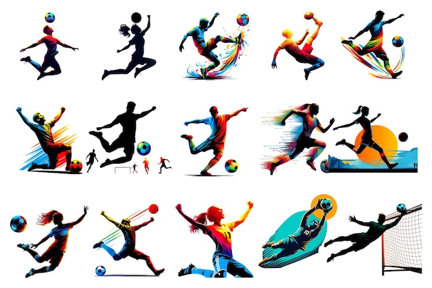 Vector a bundle of vibrant silhouettes of a player in action