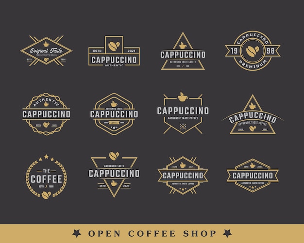 Bundle of Vintage Emblem Badge Coffee Shop Logo with Cup and Coffee Beans Symbol in Retro Style Vector Illustration