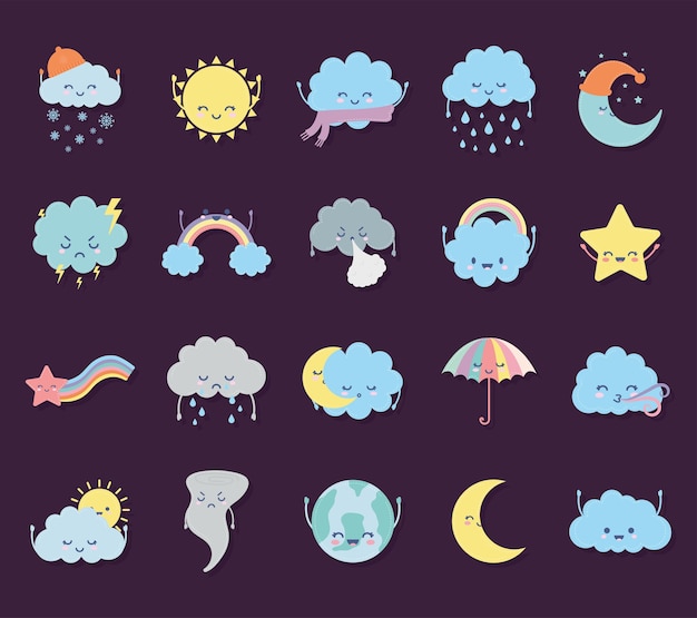 Bundle of weather icons on a purple illustration design