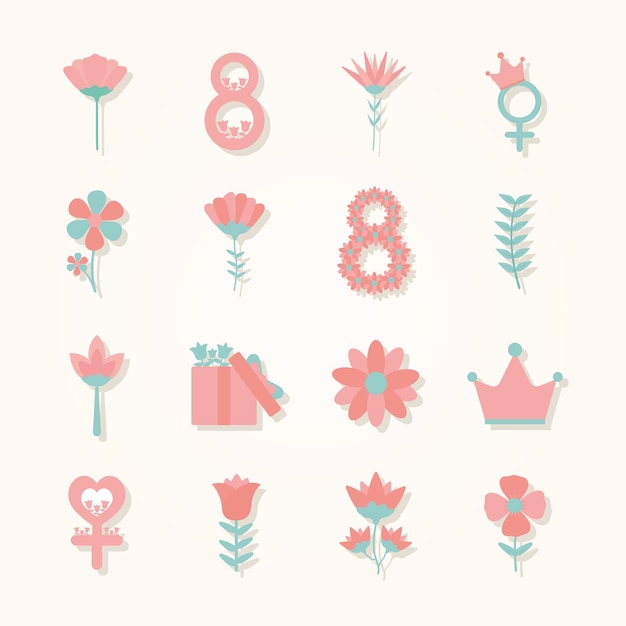 Bundle of women's day icons on a light pink background