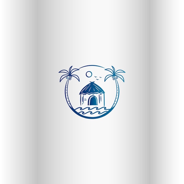 Bungalow beach house with a palm tree Vector landscape sketch for icons logo