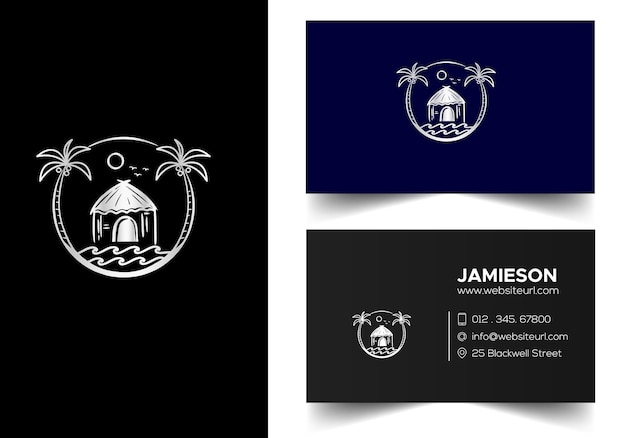 Bungalow beach house with a palm tree Vector landscape sketch for icons logo