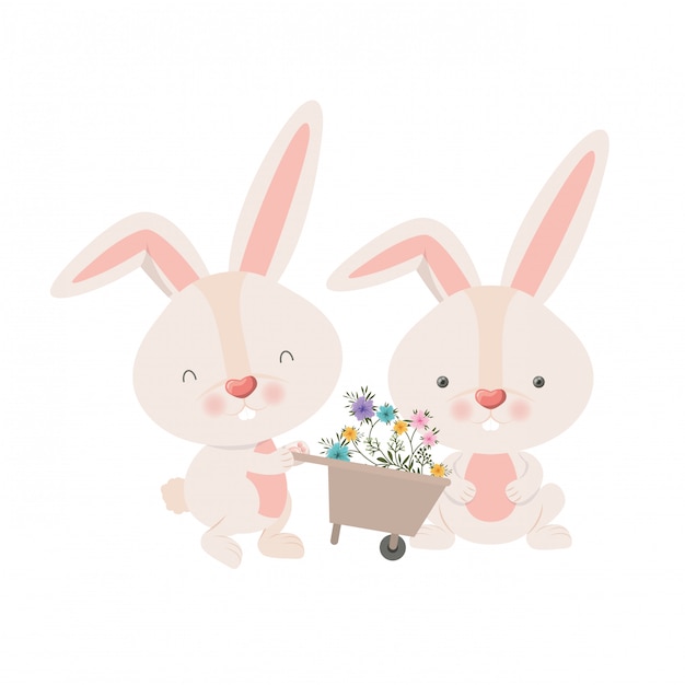 Bunnies with wheelbarrow and flowers isolated icon