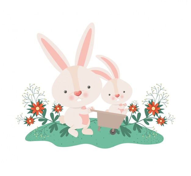 Bunnies with wheelbarrow and flowers isolated icon