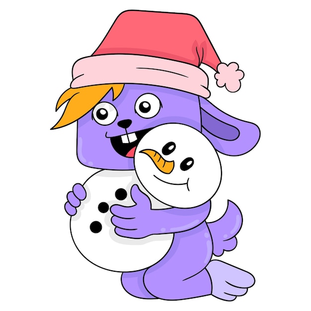 Bunny celebrating christmas with snowman doll vector illustration art doodle icon image kawaii