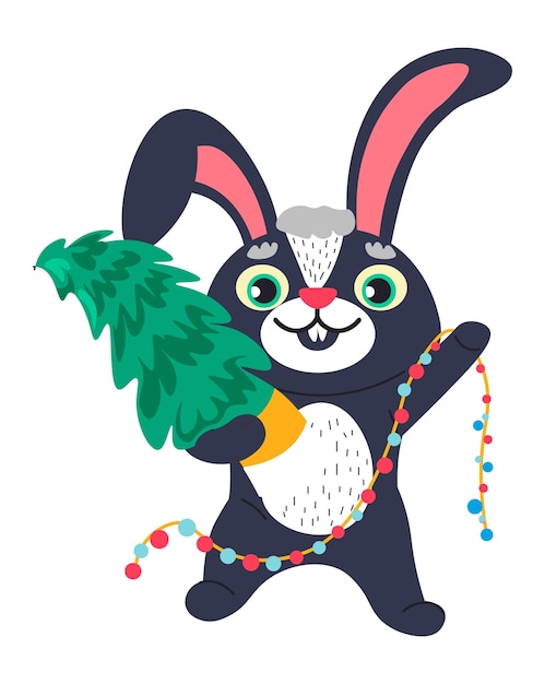 Bunny character with christmas tree and garlands