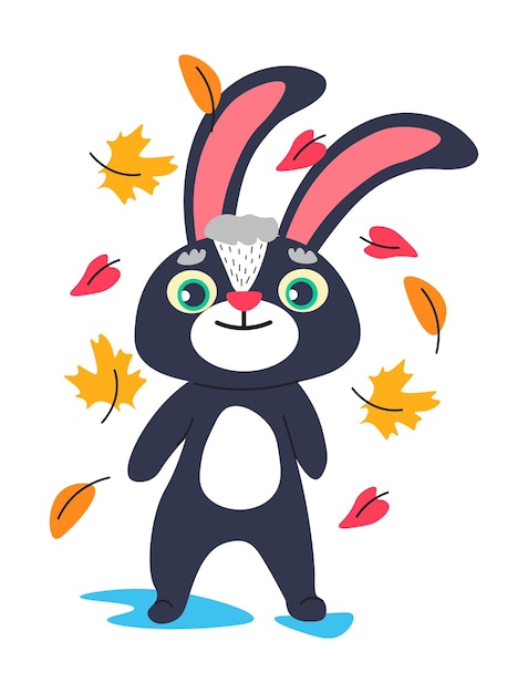 Bunny character with falling leaves autumn season