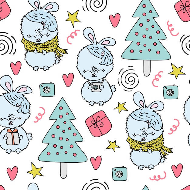 BUNNY Comic Cartoon Seamless Pattern Vector Illustration