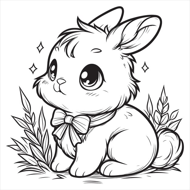 Bunny cute bunny or rabbit coloring page Line Art Illustration black And White Silhouette clipart