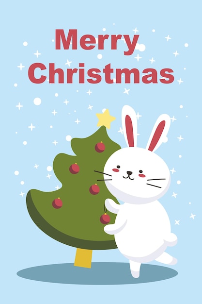 Bunny decorating christmas tree isolated Merry Christmas and Happy New Year Winter character with decorations Cute christmas seasonal vector illustration in cartoon style EPS