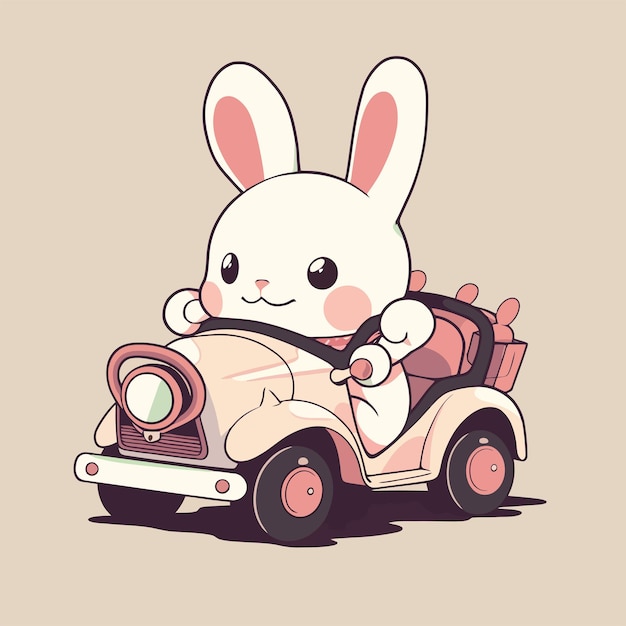 A bunny driving a car with a pink background.