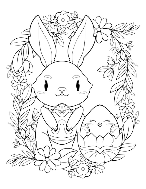 A bunny and an egg are among the flowers hand drawn vector illustration