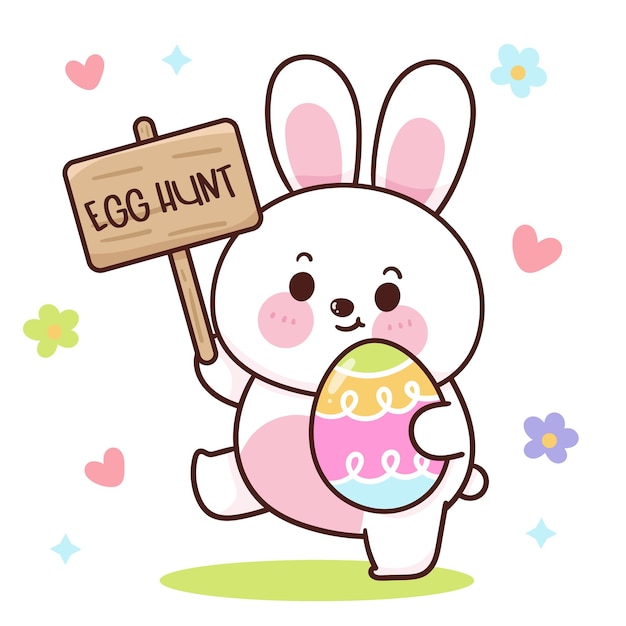 A bunny holding a sign that says egg hunt on it