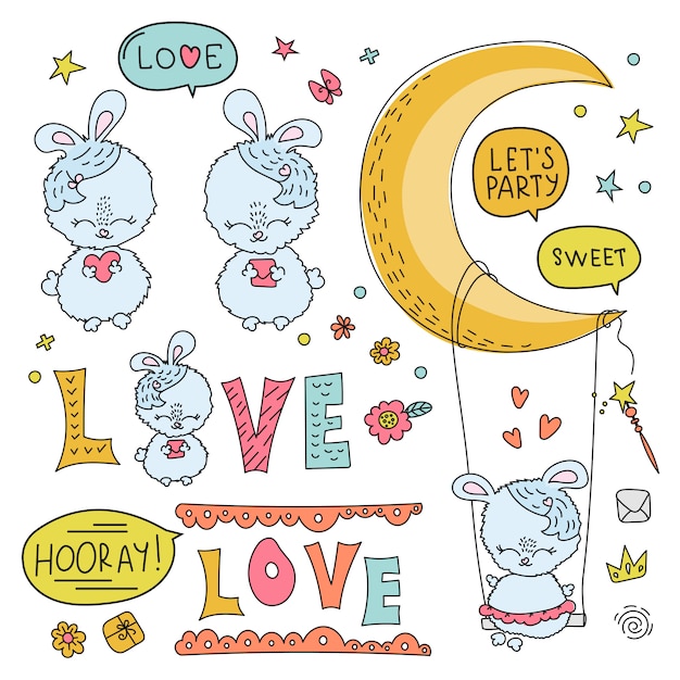 BUNNY LOVE Comic Cartoon Vector Illustration Set