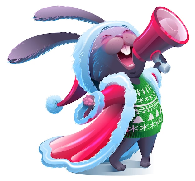 Bunny in santa christmas clothes screaming into bullhorn 2023 chinese year of the black rabbit