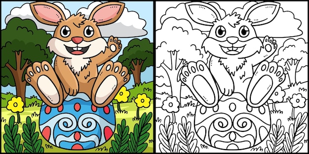 Bunny Sitting on Easter Egg Coloring Illustration