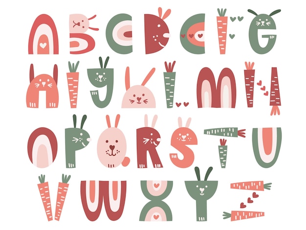 Bunny Stylized Letter Set Decorative Easter Alphabet Clip art Vector illustration