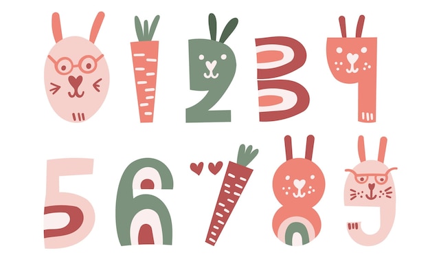 Bunny Stylized Number Set Decorative Easter Clip art with numerals Vector illustration