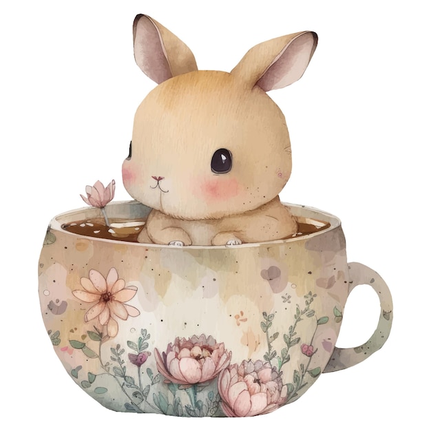 bunny in teacup cartoon in watercolor style