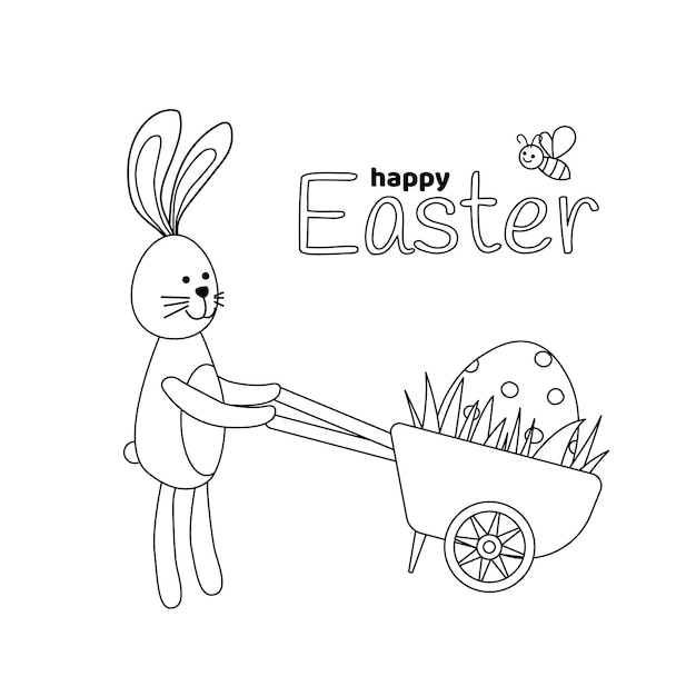 Bunny and wheelbarrow with big Easter egg Coloring page Black and white flowers Vector