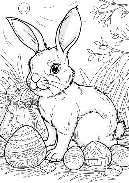 Vector a bunny with a basket of easter eggs