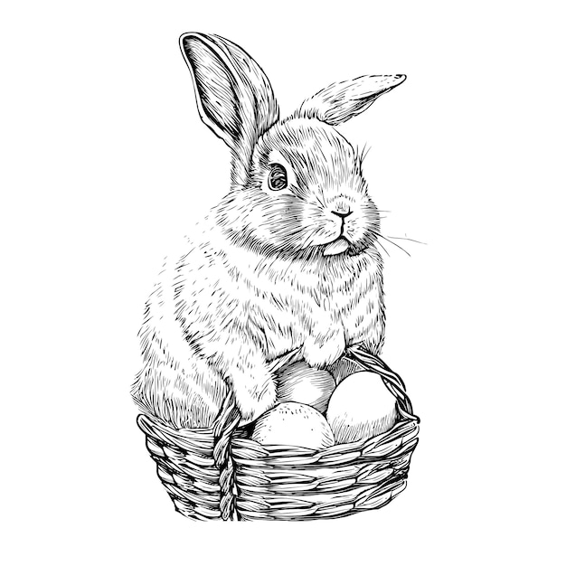 Bunny with a basket and eggs Easter sketch.Vector illustration.