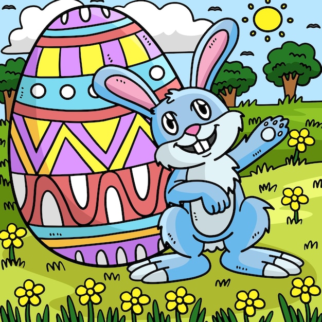 Bunny with Big Easter Egg Colored Cartoon