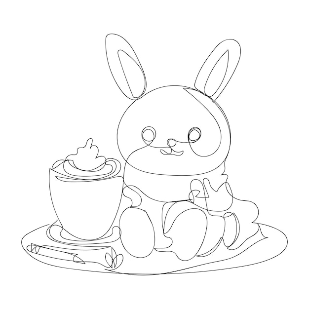 bunny with coffeeone line art design