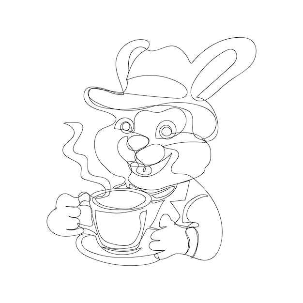 bunny with coffeeone line art design