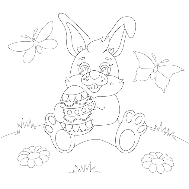 Bunny with Easter egg coloring page Easter bunny Childrens coloring page vector illustration