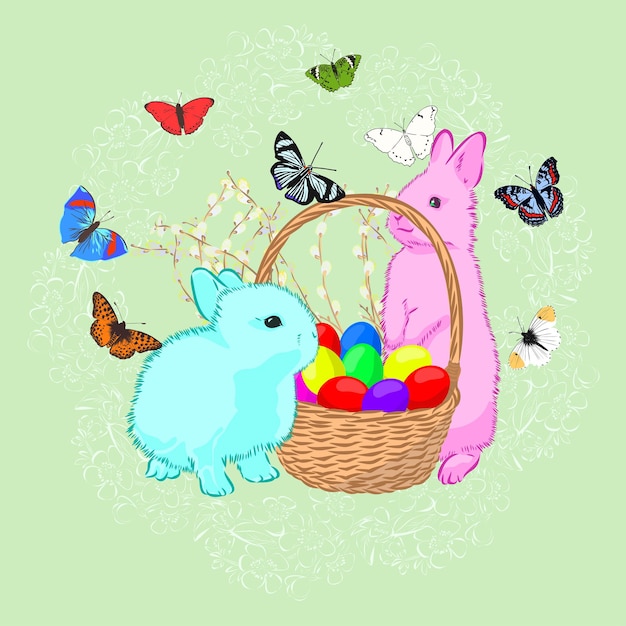 Bunny With Easter Eggs And Basket Illustration on white